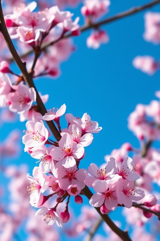 Capture a close-up of blooming cherry blossoms against a clear blue sky, using a DSLR camera with a 50mm lens, aperture set to f/1.8, ISO 100, and shutter speed at 1/200s to enhance detail and depth of field.