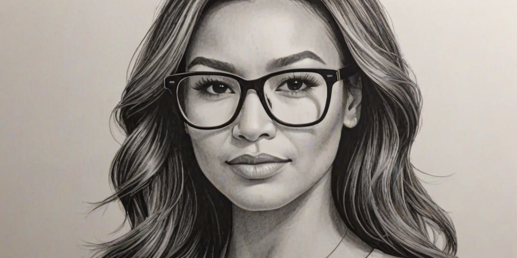 Charming Naya Rivera, pencil sketch, portrait of Charming woman 1975s in glasses, hair style beatnik, outline, clear lines, fine lines, 8k