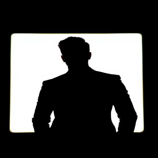 Create a high-contrast silhouette of a man in a suit against a bright background, using a DSLR camera with a 50mm lens, aperture set at f/1.8, shutter speed at 1/200s, ISO 100, and a slightly angled view for depth.