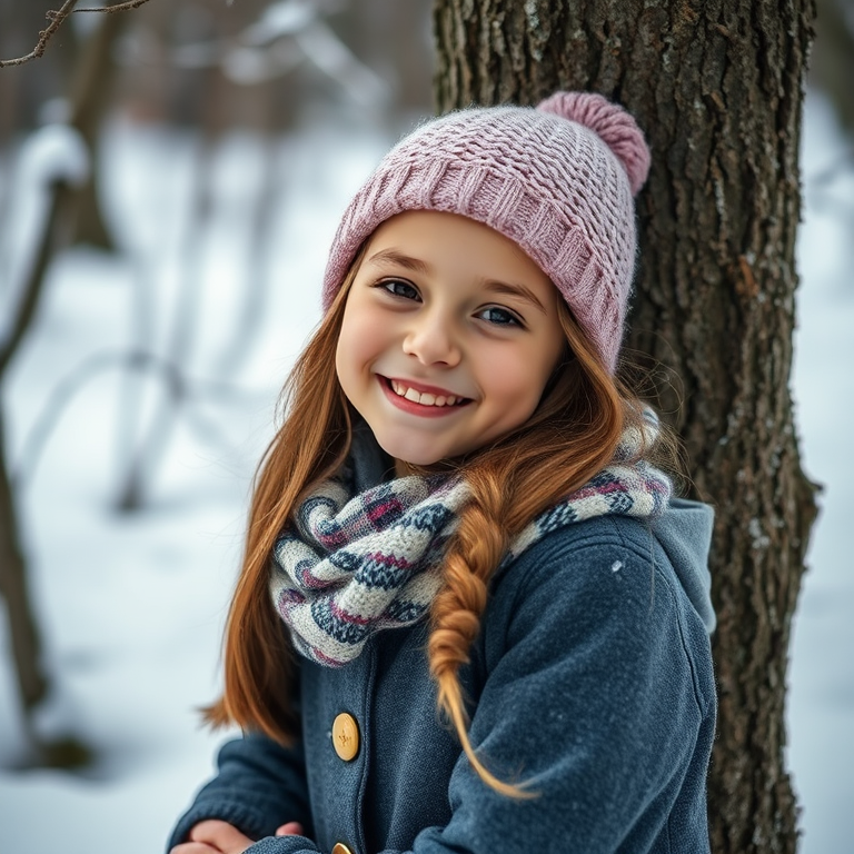 portrait of a smiling girl in winter clothing leaning against a tree in a snowy environment, soft natural light, f/2.8 aperture, 50mm lens, shallow depth of field, DSLR camera, vibrant colors and high detail