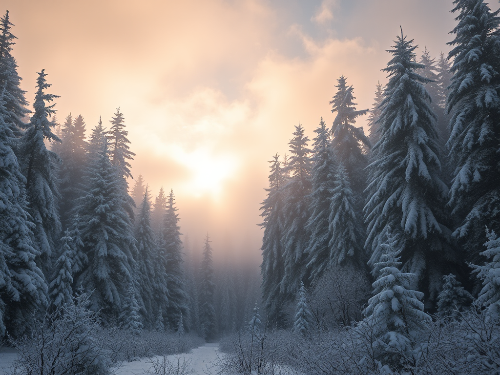 generate a serene winter landscape featuring a dense forest of snow-covered trees under a misty sky with soft clouds and a hint of sunlight filtering through the fog