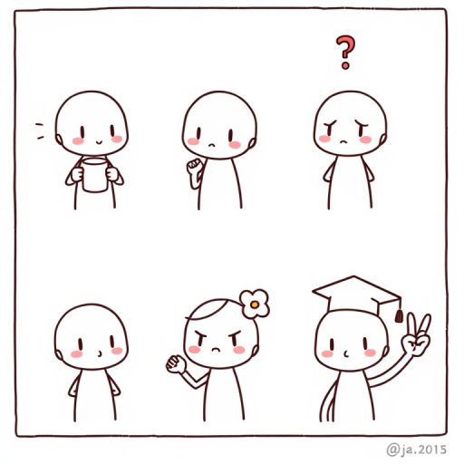 Create a six-panel comic featuring a simple cartoon character with a smooth head and minimal facial features. In the first panel, the character is holding a mug and looking thoughtful. In the second panel, the character has a confused expression with a question mark above its head. The third panel shows the character with a serious expression and a raised fist. In the fourth panel, the character is holding a ring and looking determined. The fifth panel features the character with a flower in its hair and a heart gesture. In the sixth panel, the character is wearing a graduation cap and making a peace sign. The style should be minimalistic and playful.