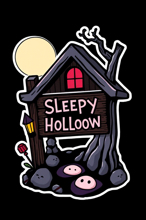 imagine a kawaii Sleepy Hollow sign sticker, 3d digital art, black background, sticker line weight