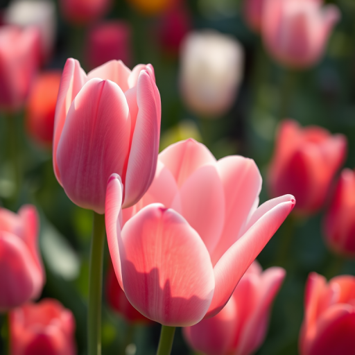 a close-up shot of a pink tulip with soft blurred backgrounds of multiple colored tulips, taken with a Canon EOS R5, 50mm f/1.2 lens, aperture f/1.2, ISO 100, natural light, shallow depth of field, focus on the tulip in the foreground