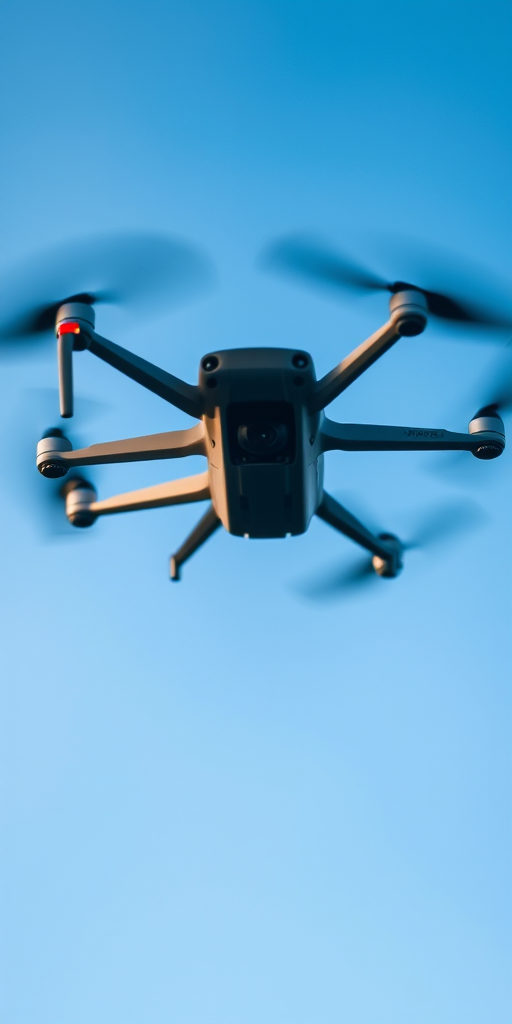 drone flying in the sky, captured with a DSLR camera, aperture f/2.8, shutter speed 1/500s, ISO 100, aerial view, high dynamic range, clear blue sky background