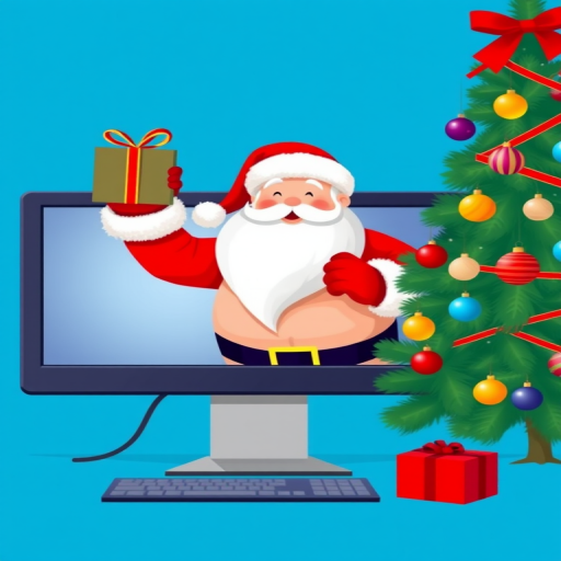 Create a digital illustration of Santa Claus emerging from a computer screen with a gift in hand, next to a decorated Christmas tree, using a vibrant blue background, shot with a Canon EOS R5 at f/2.8, ISO 100, 35mm focal length, in a flat vector style for a clean and modern look.