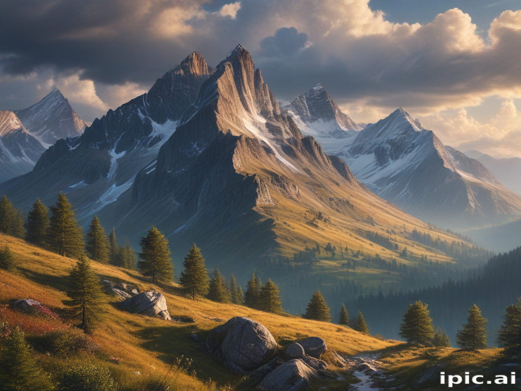 Majestic Mountain Landscape with Lush Green Valleys and Snow-Capped Peaks