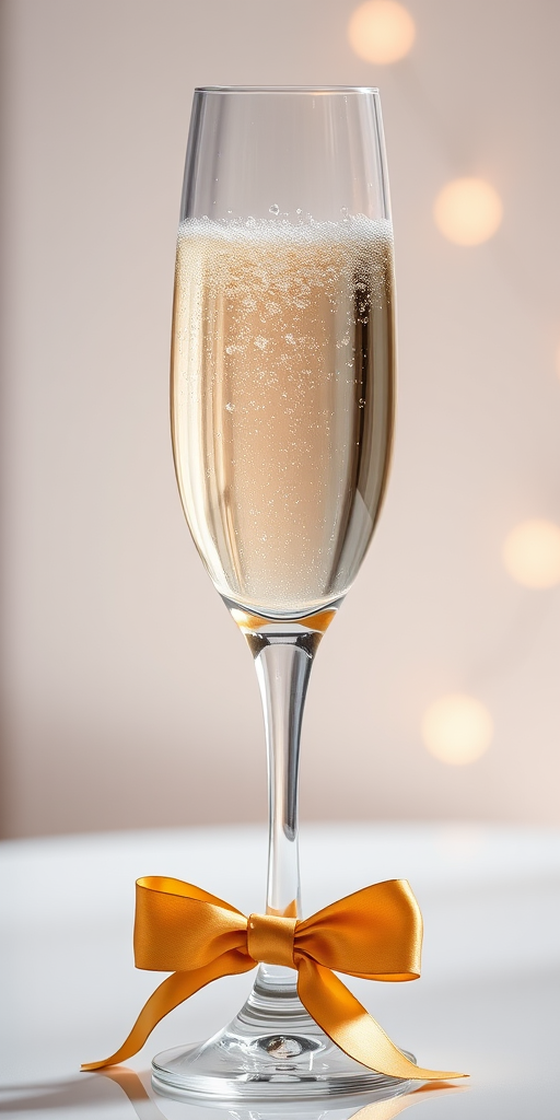 Create a high-resolution image of a champagne flute filled with bubbly champagne, adorned with a gold ribbon bow at the base, captured from a slightly elevated angle using a DSLR camera, aperture f/2.8, ISO 100, and a focal length of 50mm in a bright, elegant setting.