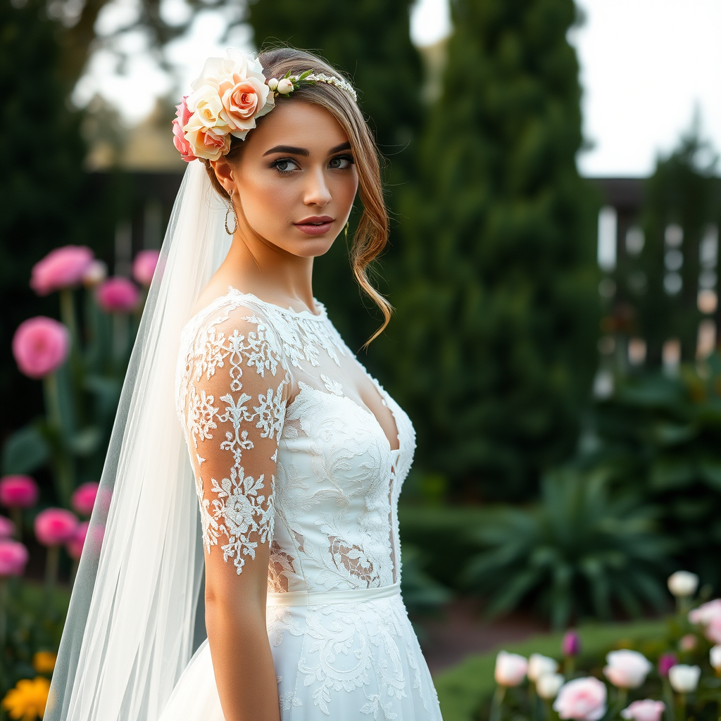 Garden scene, bridal model, delicate lace gown, floral headpiece, soft romantic focus, high-key lighting and an 85mm lens for soft, even tones that highlight the model’s face and bright outfit against a white or light background