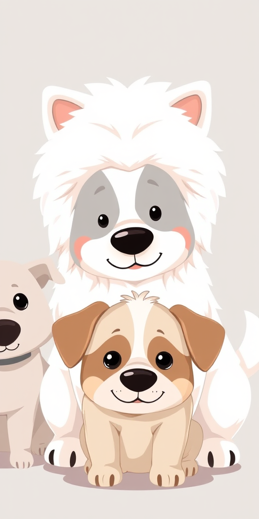 A digital illustration of three cartoon-style dogs, featuring a fluffy white dog, a gray dog with a laid-back expression, and a brown-accented dog at the center, in a soft pastel color palette, with a flat texture background; use a high-resolution setting of 300 DPI, portrait orientation, shot with a digital drawing tablet style at 16:9 aspect ratio.