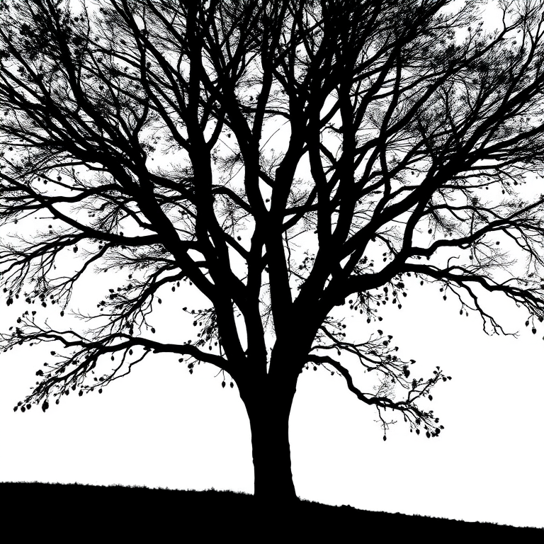 Create a high-resolution silhouette of a tree against a white background using a DSLR camera, 50mm lens, f/8 aperture, ISO 200, and a soft focus effect for enhanced depth.