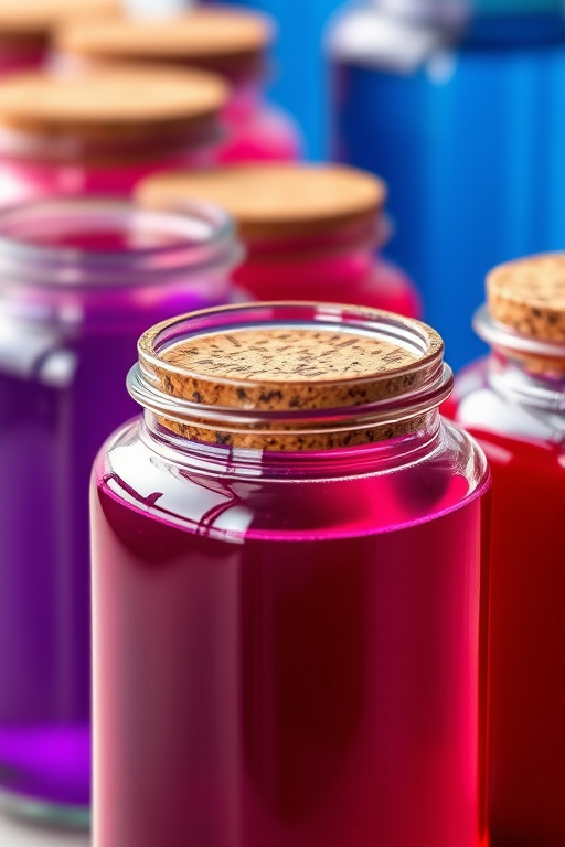 Create a high-resolution digital illustration of a series of glass jars filled with vibrant liquids in shades of purple, red, and blue, topped with textured cork lids, using a macro lens perspective, with an aperture of f/2.8 for a shallow depth of field, ISO 100, and a shutter speed of 1/60s, ensuring excellent lighting to enhance the colors and textures.