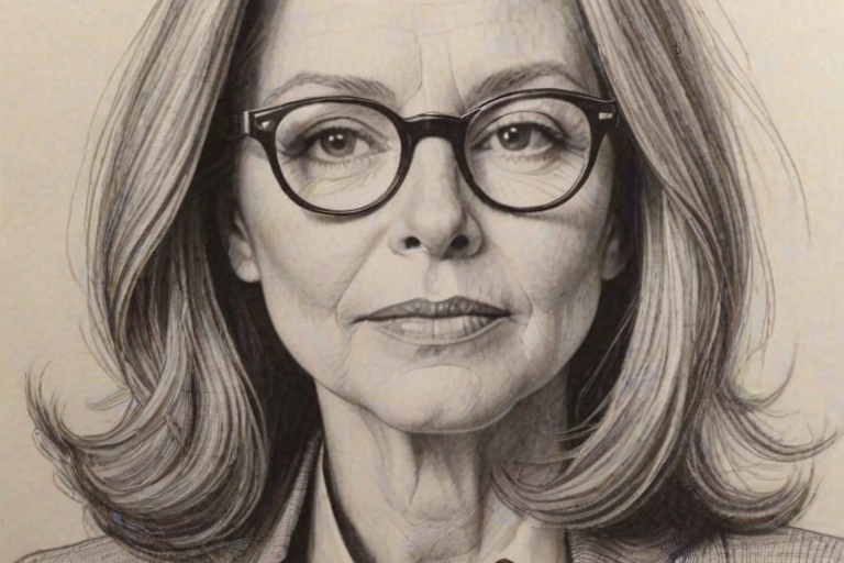 Exquisite Diane Keaton, pencil sketch, portrait of Pleasing woman 1948s in glasses, hair style beatnik, outline, clear lines, fine lines, 8k