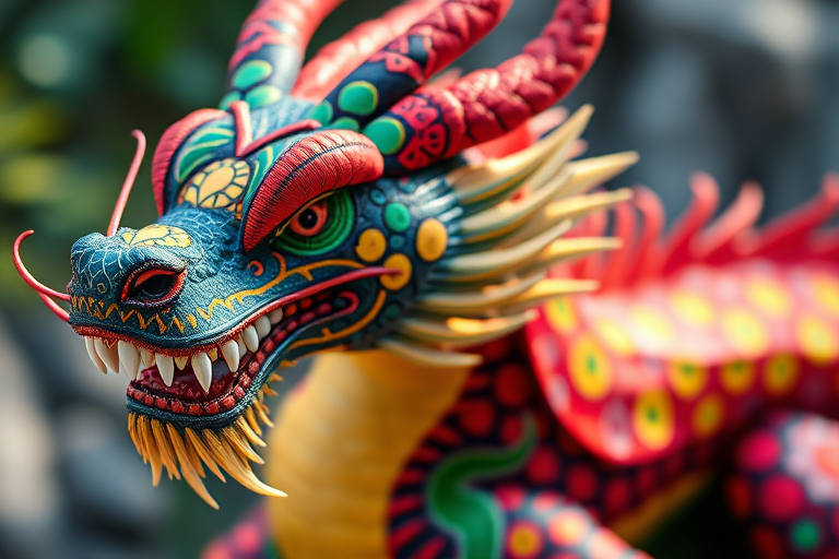 Create a vibrant, detailed image of a mythical dragon adorned with colorful patterns, captured in high resolution with a 50mm lens, f/1.8 aperture, ISO 100, in natural light, using a DSLR camera for a sharp and crisp appearance.