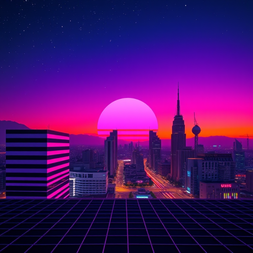 create a vibrant retro-futuristic cityscape at sunset with a large purple sun and horizontal stripes, incorporate a grid foreground and stars in the night sky, shot with a Canon EOS R5, using a 24mm lens, f/2.8 aperture, ISO 100, and a long exposure for enhanced detail and color saturation, wide-angle view