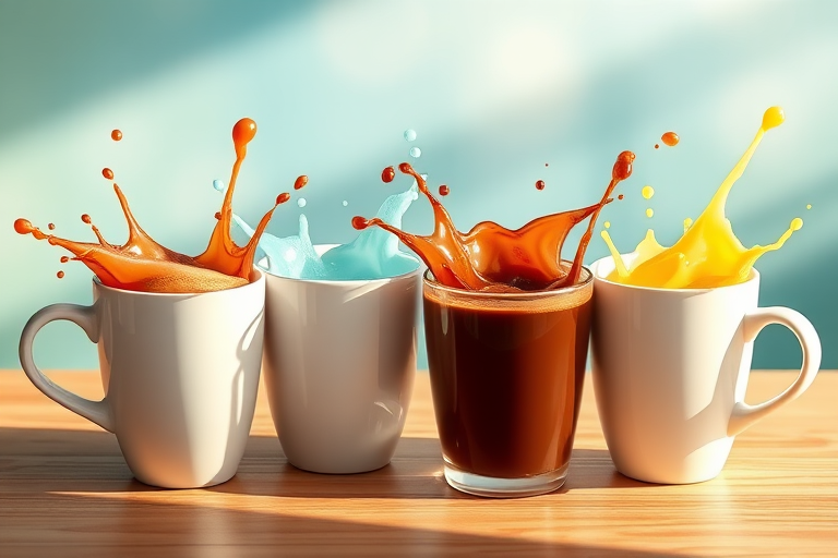create a high-resolution digital illustration of four coffee cups with splashes, bright colors, soft focus background, 50mm lens, f/2.8 aperture, 1/160s shutter speed, shot in daylight, with a clear and vibrant style