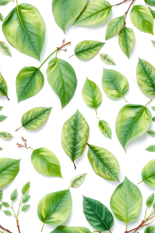 Create a seamless pattern of various green watercolor leaves on a white background, using a Canon EOS R5 with a 50mm f/1.8 lens, aperture set to f/2.8, ISO 100, natural light for soft shadows, and a top-down view for clarity and detail.