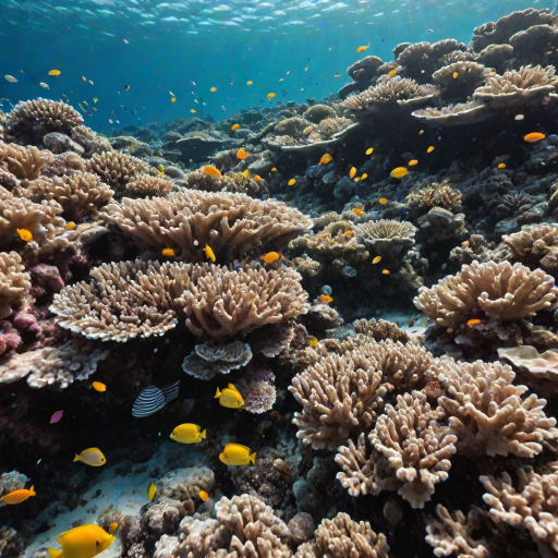 Sharp, high-resolution photo of a colorful coral reef teeming with life, soft light filtering through the clear ocean water, tiny fish darting among the coral, and the feeling of underwater wonder.