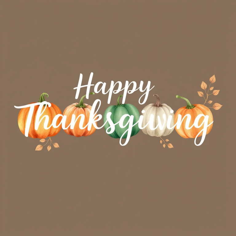 Create an image featuring the text Happy Thanksgiving in a beautiful cursive font with watercolor pumpkins in shades of orange green and white arranged in a line alongside delicate leaves and stems in soft pastel colors