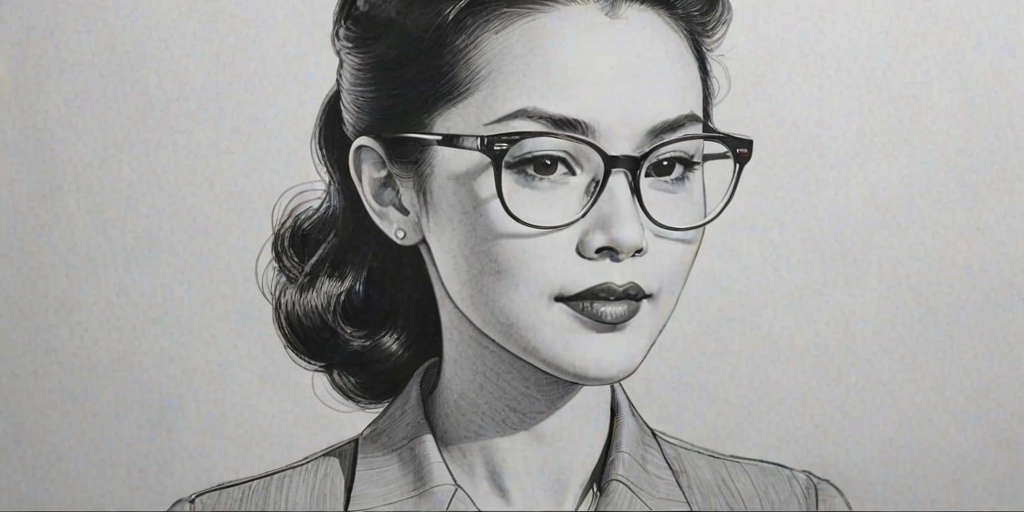 Gorgeous Lynn Chen, pencil sketch, portrait of Appealing woman 1942s in glasses, hair style beatnik, outline, clear lines, fine lines, 8k