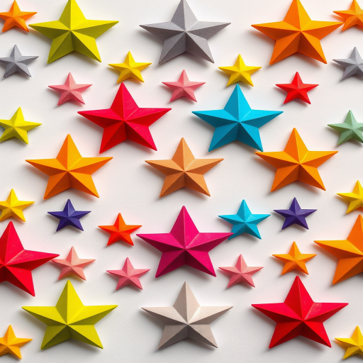 Create an image of colorful star shapes arranged in a grid pattern with a white background, using a Canon EOS R6 camera with a 50mm lens, f/2.8 aperture, ISO 100, and a high dynamic range setting for enhanced color saturation.
