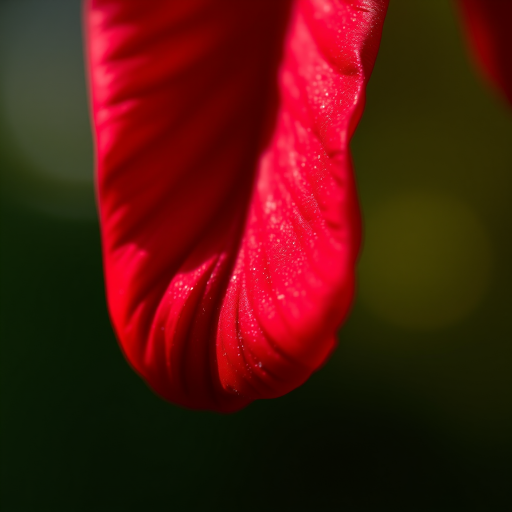 close-up of a red petal texture with intricate details and patterns, macro lens, aperture f/2.8, ISO 100, 50mm, soft natural lighting, shallow depth of field, DSLR camera