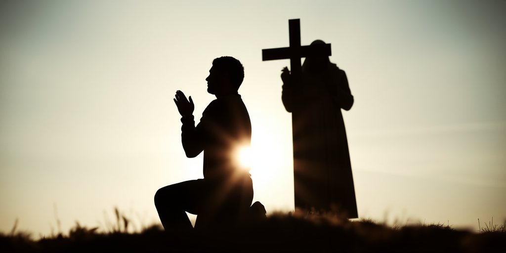 Create an image of a silhouette of a kneeling figure praying and a standing figure holding a cross, with a radiant light source behind them, using a DSLR camera at f/2.8 aperture, ISO 100, 50mm lens, in a soft focus style, captured from a low angle view for enhanced depth and emotion.
