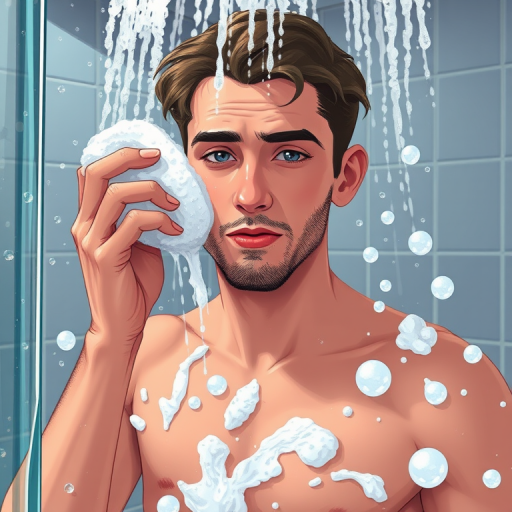 Create an illustration of a man showering with soap bubbles in a bathroom, captured with a DSLR camera at f/4.5, ISO 100, 1/250 sec, using a wide-angle lens for an immersive view, and ensure the background features detailed water droplets on glass to enhance the atmosphere.