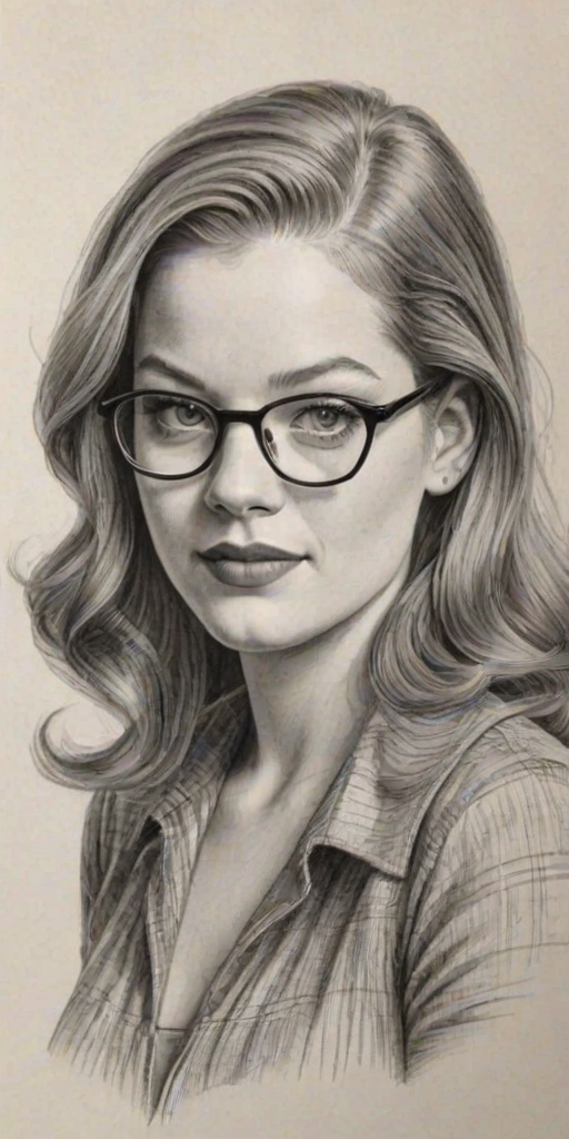 Bewitching Jane Levy, pencil sketch, portrait of Graceful woman 1939s in glasses, hair style beatnik, outline, clear lines, fine lines, 8k