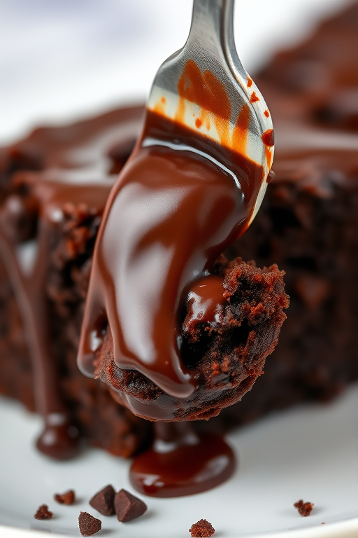 A close-up image of a rich chocolate brownie with a fork inserted into it, showing gooey chocolate sauce dripping down the sides, with a soft and fudgy texture visible in the cross-section of the brownie. The background is softly blurred to emphasize the dessert.