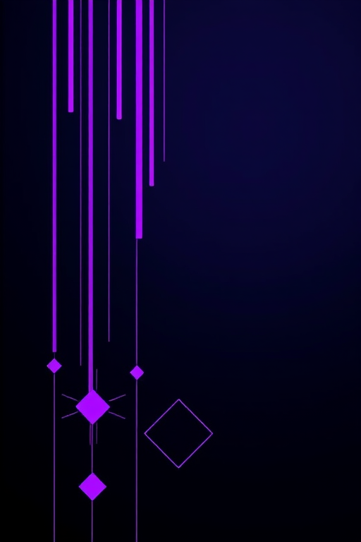 Create an abstract digital design featuring purple vertical lines and geometric diamond shapes on a contrasting background, captured with a DSLR camera at f/8, ISO 100, 1/60s, using a macro lens for enhanced detail and vibrant color clarity.