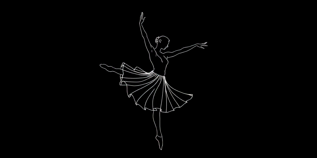 create a minimalist line art image of a dancer in an elegant pose on a black background, using a Canon EOS R5 camera with a 50mm lens, aperture set to f/1.8, ISO 100, and a softbox light source for even illumination.