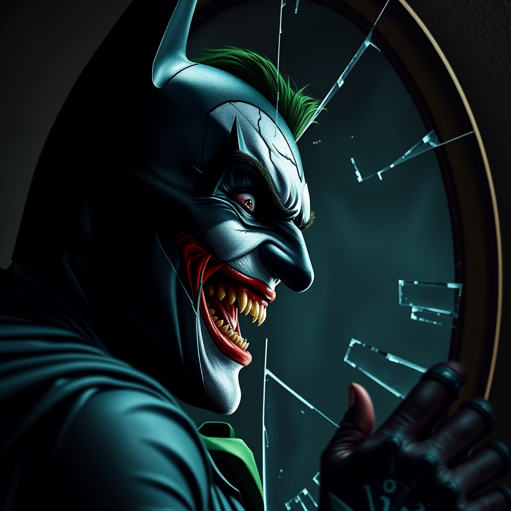 Merging elements of Batman and The Joker, this character portrays an evil, maniacal laughter, a sinister grin, and piercing eyes, accompanied by inhumanly sharp fangs. In a half-body portrait, Batman appears maniacal, gazing into a shattered mirror, his image rendered in Todd Phillips' unique style. The scene exudes an atmosphere of darkness, horror, and intense drama, with dramatic lighting and high-quality, hyper-realistic visuals. Inspired by the style of illusory wallpaper portraits, the image showcases colorful realism, exceptional attention to detail, and intricate hidden elements. The UHD, 8K resolution delivers a stunning image, combining realism and vibrant colors for an immersive, intense experience.