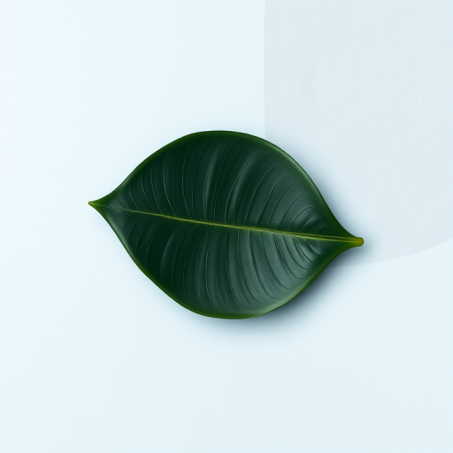 Create a minimalist still life illustration of a single dark green leaf on a soft pastel blue and gray abstract background, with a focus on smooth lines and simple shapes, captured using a DSLR camera with a 50mm lens at f/2.8, ISO 100, and a shallow depth of field for a soft bokeh effect.