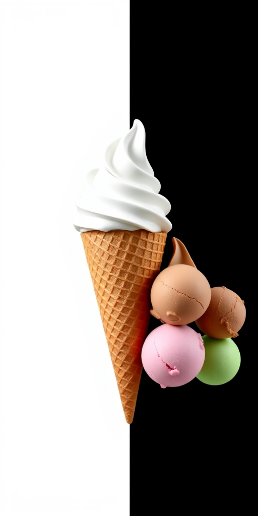 Generate a high-resolution image of a minimalistic ice cream cone design with one scoop on the left in white and black backgrounds, and three scoops on the right in pink, brown, and green against a black background, using a Canon EOS 5D Mark IV with a 50mm lens, aperture f/2.8, ISO 100, and a wide-angle view to enhance color contrast and clarity.