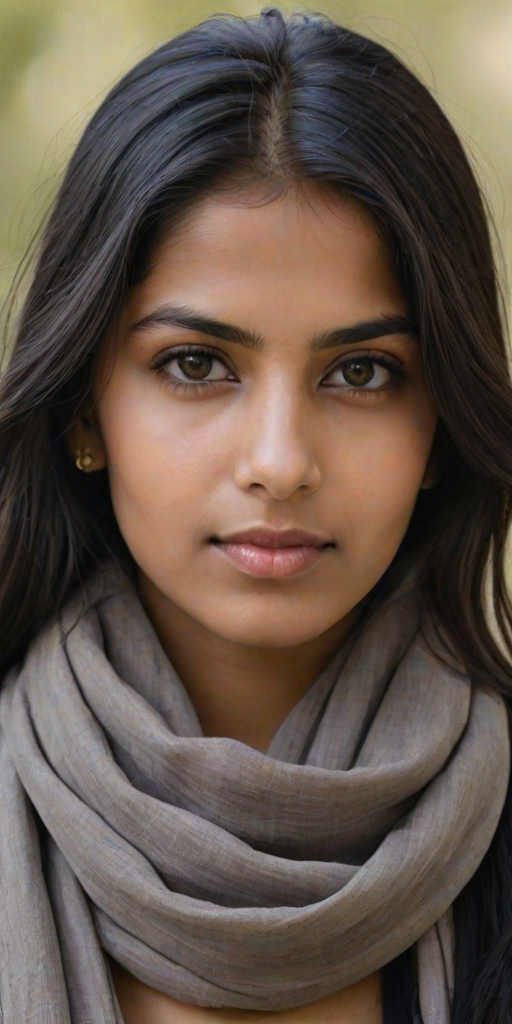 Create a portrait of a young Indian woman with long, dark hair and captivating hazel eyes. She is wearing a black headscarf and a matching scarf draped gracefully around her neck. The background is softly blurred, focusing attention on her serene and natural expression. The overall color palette is muted and warm, enhancing the intimate and authentic feel of the portrait.