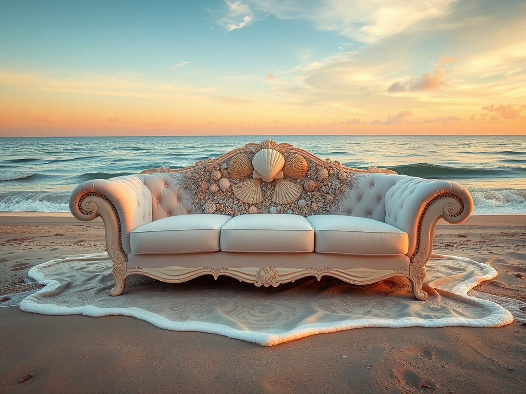 A luxurious seashell-embellished sofa on a serene beach at sunset, with gentle waves lapping at the shore, shot with a Canon EOS R5, 50mm lens, f/1.8, ISO 100, with golden hour lighting for soft shadows and vivid colors.