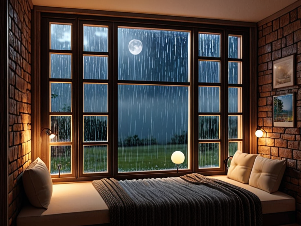 Cozy House Window Raining Heavy Rain On Window outside Cozy Reading Nook Ambience - 3D render ...