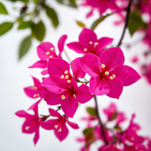 Close-up shot of vibrant pink bougainvillea flowers against a soft white background, using a DSLR camera at f/2.8 aperture, ISO 100, shutter speed 1/250 sec, captured from a high angle view, with a bokeh effect to enhance image quality.