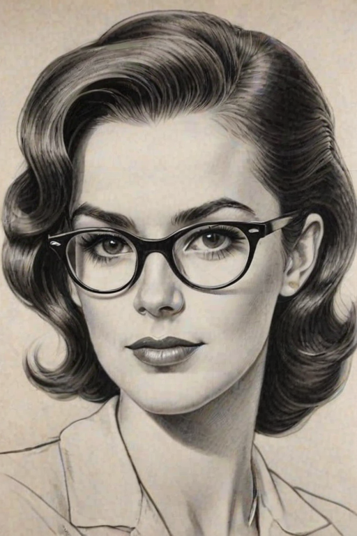Ravishing Emmy Lou Harris, pencil sketch, portrait of Charming woman 1943s in glasses, hair style beatnik, outline, clear lines, fine lines, 8k