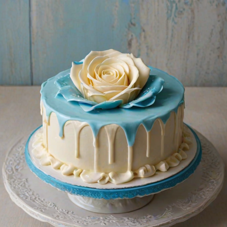 Generate an image of a beautifully decorated cake with a large white chocolate rose on top. The cake should have a smooth white frosting and be displayed on a decorative blue and white plate. A slice of the cake should be cut out, revealing layers of light-colored cake with strawberry filling. The setting should have a warm, inviting atmosphere.