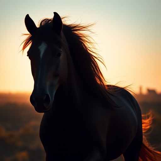 Regenerate the image of a horse silhouette with flowing mane, using a DSLR camera with a 50mm lens, aperture set at f/2.8, ISO 100, shot in natural light from a side angle to enhance details and contrast.