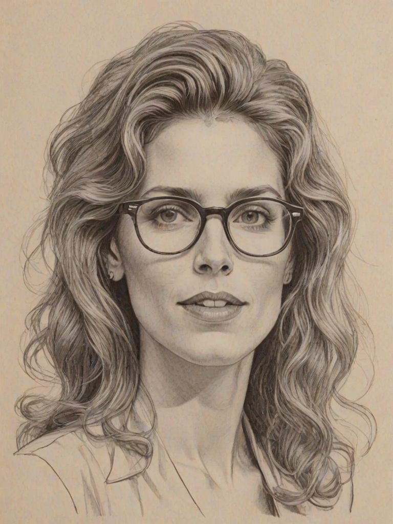 Resplendent Sophie B. Hawkins, pencil sketch, portrait of Dazzling woman 1960s in glasses, hair style beatnik, outline, clear lines, fine lines, 8k