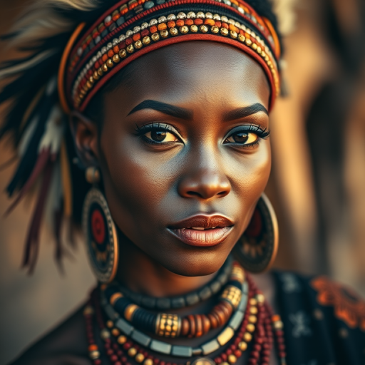 portrait of a woman with bold tribal accessories and striking features, soft focus on the background, warm lighting, 50mm lens, aperture f/1.8, ISO 100, shot at eye level, using a full-frame DSLR camera