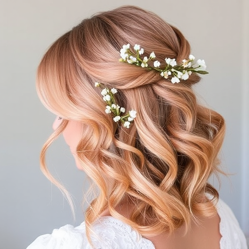 Soft rose gold waves styled in a romantic half-up, half-down look by "Blush & Bloom" hair artisans, showcasing loose, flowing curls adorned with delicate baby's breath flowers woven throughout, creating an ethereal, fairy-tale inspired aesthetic perfect for a whimsical bride.