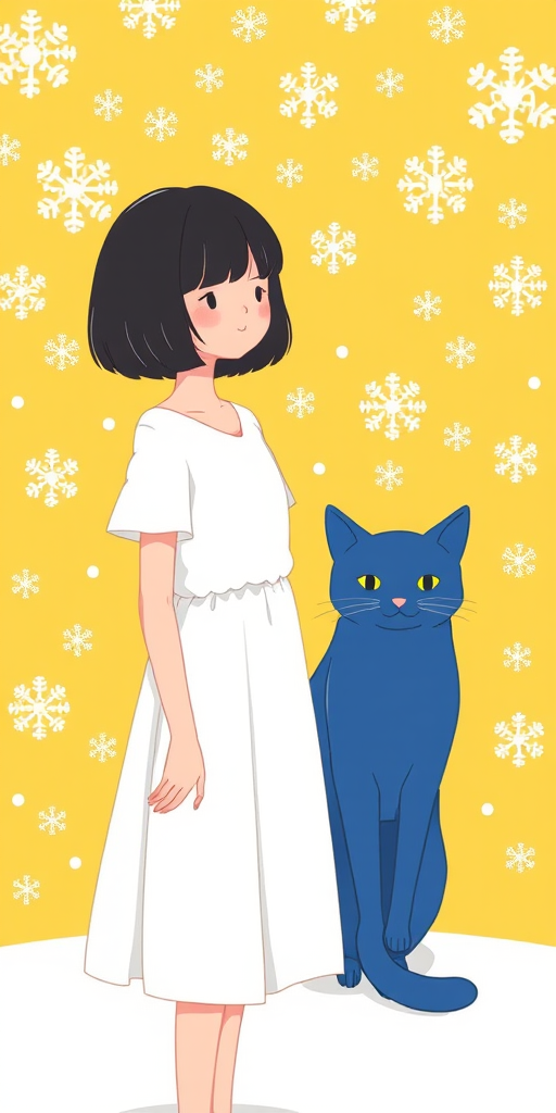Create an illustration of a person with a bob haircut wearing a white dress standing in front of a bright yellow background filled with white snowflakes, with a blue cat sitting beside them, captured using a DSLR camera with a 50mm lens, f/1.8 aperture, ISO 100, and a shallow depth of field for soft background blur, in a vibrant, minimalist style.