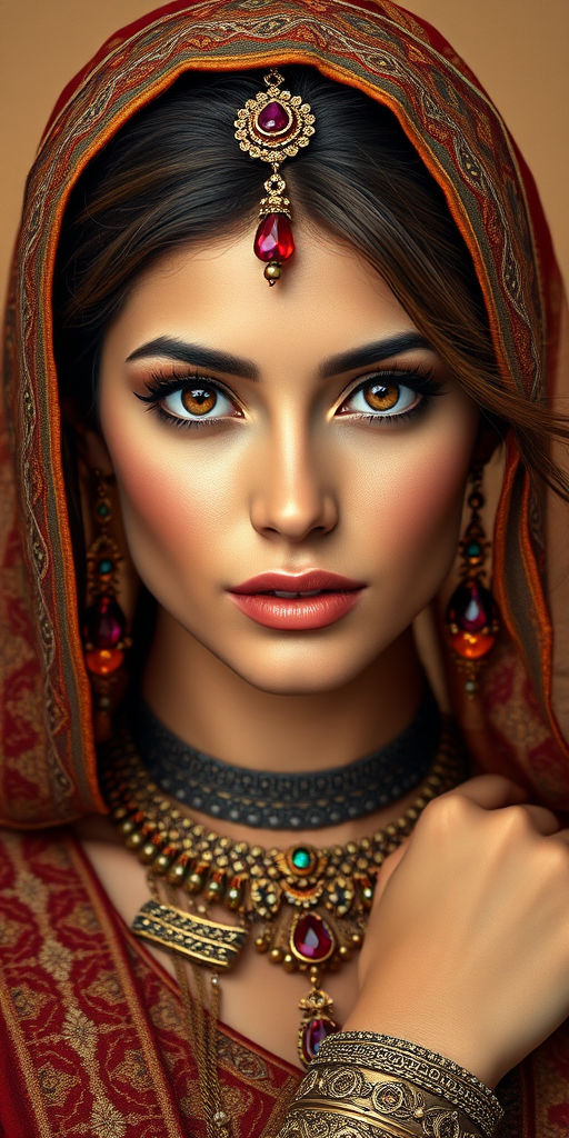 Create a portrait of a beautiful woman with striking hazel eyes and a gentle expression. She is adorned in traditional attire with intricate patterns, including a richly embroidered headscarf and matching garments. Her jewelry includes a delicate headpiece, dangling earrings, and ornate bracelets, all featuring vibrant gemstones and detailed metalwork. The background is soft and warm, enhancing the rich colors of her outfit and jewelry.