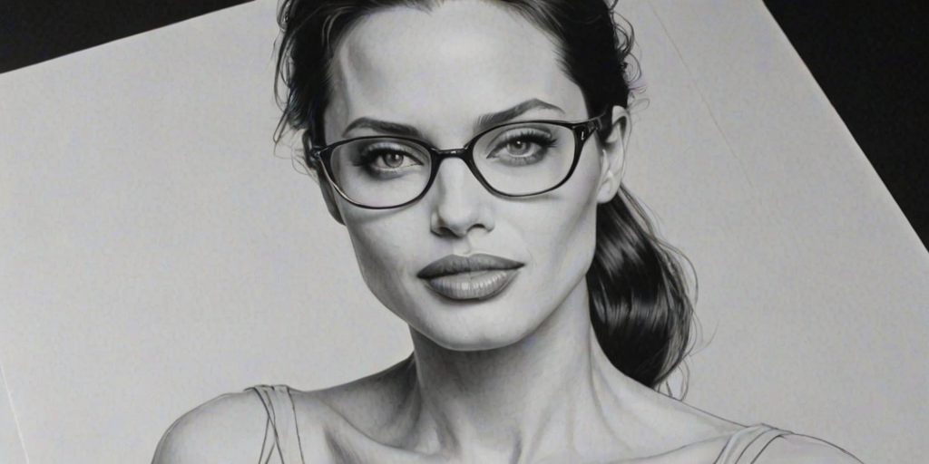 Ravishing Angelina Jolie, pencil sketch, portrait of Graceful woman 1958s in glasses, hair style beatnik, outline, clear lines, fine lines, 8k