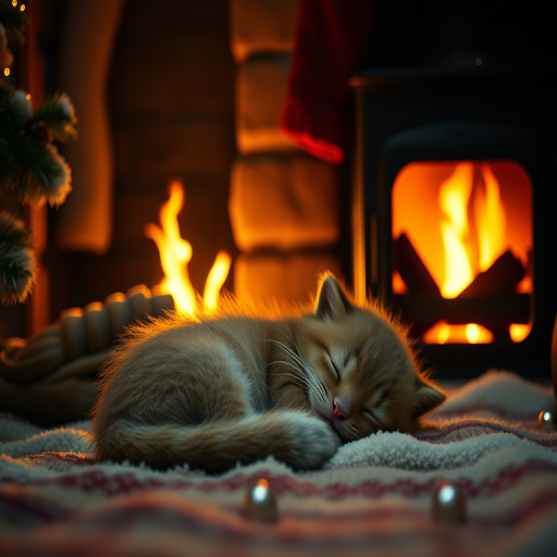 solo, furry, creature, cute, sleeping, next to a fireplace, interior, winter, christmas, depth of field, highly detailed, high contrast, film grain, Rim Lighting