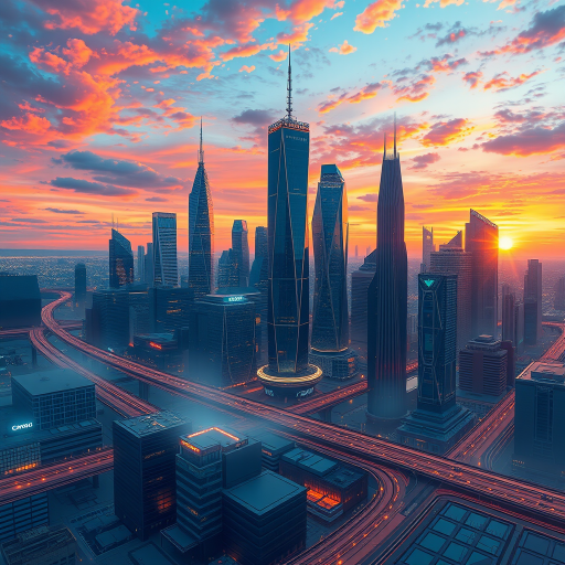 Create a high-resolution digital illustration of a futuristic city skyline at sunset, captured with a Canon EOS R5, 35mm lens, aperture f/8, ISO 100, using a wide-angle view for depth and a panoramic style.